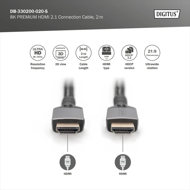 Кабель Digitus DB-330200-020-S HDMI 8K Ultra High Speed 2 м Black (4016032481218)