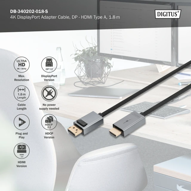 Кабель-адаптер Digitus DB-340202-018-S DisplayPort на HDMI Type A 4K 1.8 м Black (4016032481249)