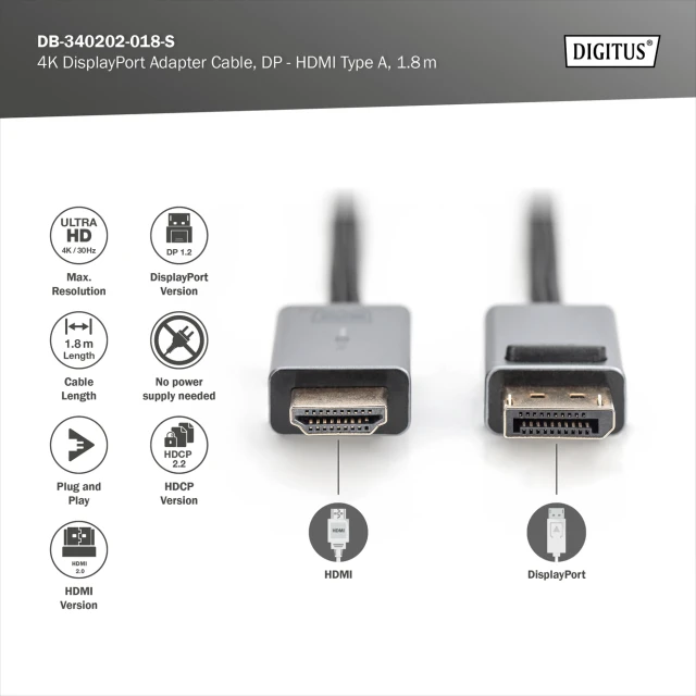 Кабель-адаптер Digitus DB-340202-018-S DisplayPort на HDMI Type A 4K 1.8 м Black (4016032481249)