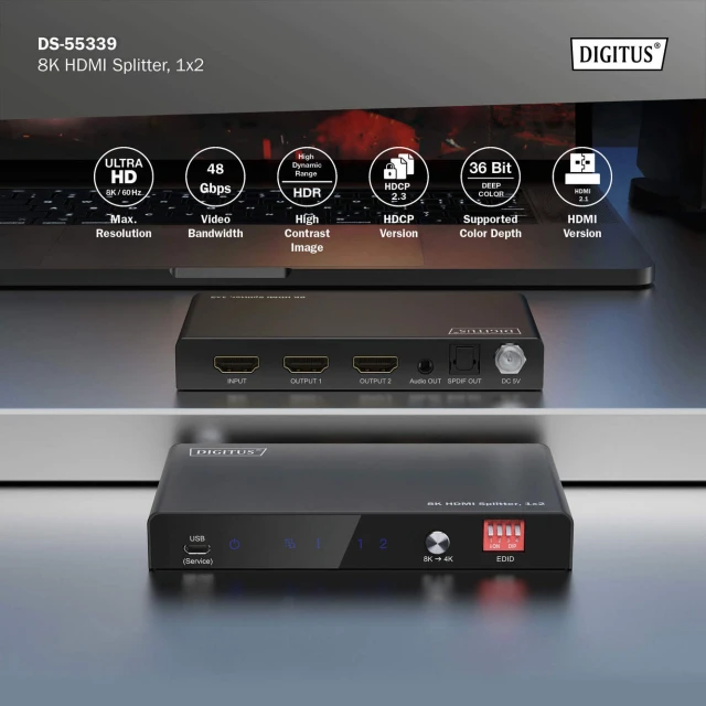 Сплітер Digitus HDMI DS-55339 8K 1x2 Black (4016032495604)