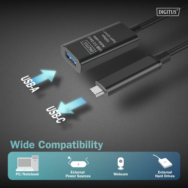 Кабель-подовжувач Digitus USB-C — USB-A 3.2 Gen2 10 Гбіт/с активний DA-73113 (4016032497431)