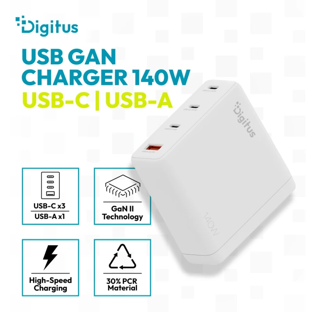 Мережевий зарядний пристрій Digitus GaN 140 Вт 3x USB-C + 1x USB-A White (4016032505853)