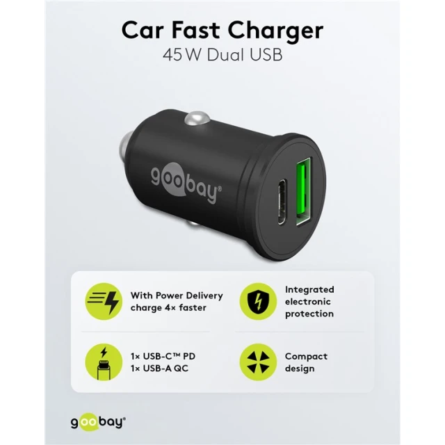 Автомобільний зарядний пристрій подвійний Goobay USB-C PD 45 Вт (4040849617393)