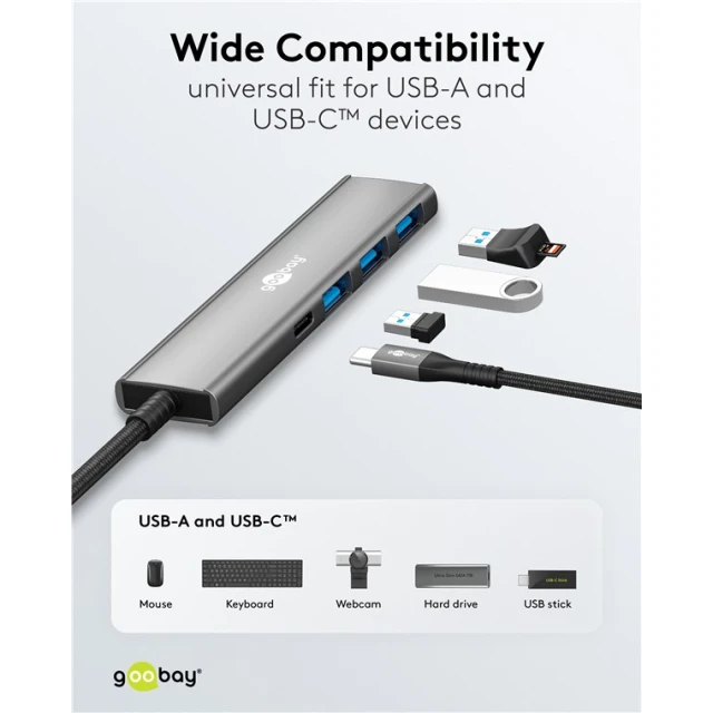 USB-хаб Goobay Slim 4-портовий USB-C на USB-C/USB-A 5 Gbit/s Grey (4040849765629)