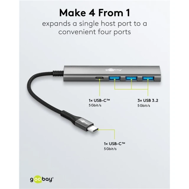 USB-хаб Goobay Slim 4-портовий USB-C на USB-C/USB-A 5 Gbit/s Grey (4040849765629)