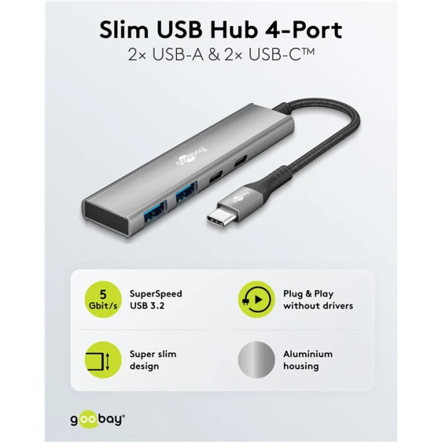 USB-хаб Goobay Slim 4-портовий USB-C на USB-C/USB-A 5 Gbit/s Grey (4040849765636)