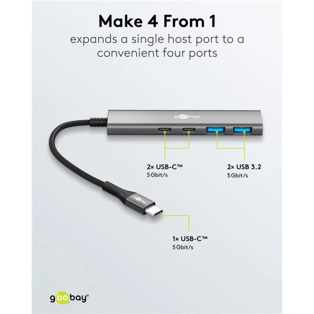 USB-хаб Goobay Slim 4-портовий USB-C на USB-C/USB-A 5 Gbit/s Grey (4040849765636)