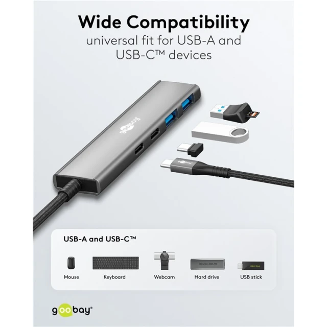 USB-хаб Goobay Slim 4-портовий USB-C на USB-C/USB-A 5 Gbit/s Grey (4040849765636)