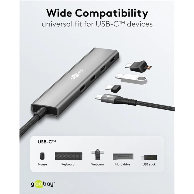 USB-хаб Goobay Slim 4-портовый USB-C на USB-C 5 Gbit/s Grey (4040849765643)