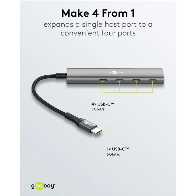 USB-хаб Goobay Slim 4-портовый USB-C на USB-C 5 Gbit/s Grey (4040849765643)