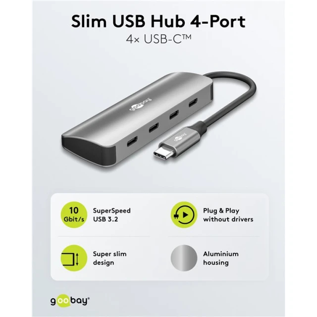 USB-хаб Goobay Slim 4-портовий USB-C на USB-C 10 Gbit/s Grey (4040849765650)