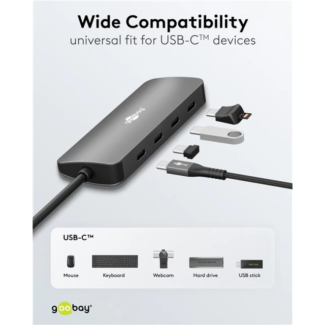 USB-хаб Goobay Slim 4-портовий USB-C на USB-C 10 Gbit/s Grey (4040849765650)