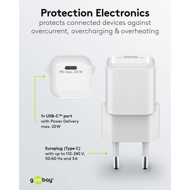 Мережевий зарядний пристрій Goobay 20 Вт USB-C PD GaN Nano (4040849791512)