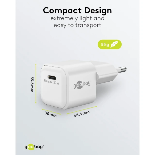 Мережевий зарядний пристрій Goobay 20 Вт USB-C PD GaN Nano (4040849791512)