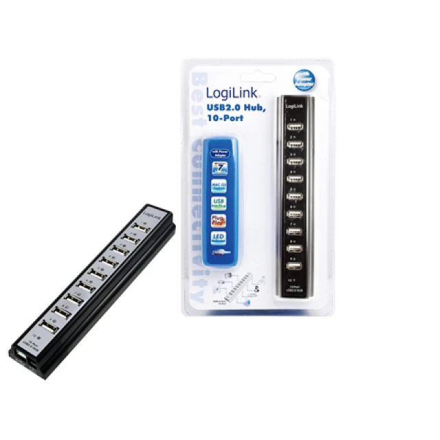 USB-хаб LogiLink USB 2.0 10 портів з блоком живлення (4052792004779)
