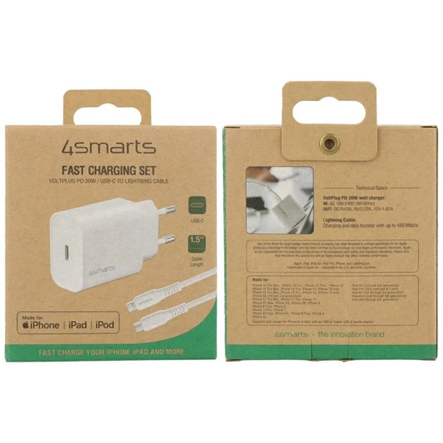 Мережевий зарядний пристрій 4smarts VoltPlug 20W PD USB-C з кабелем USB-C to Lightning White (465591)