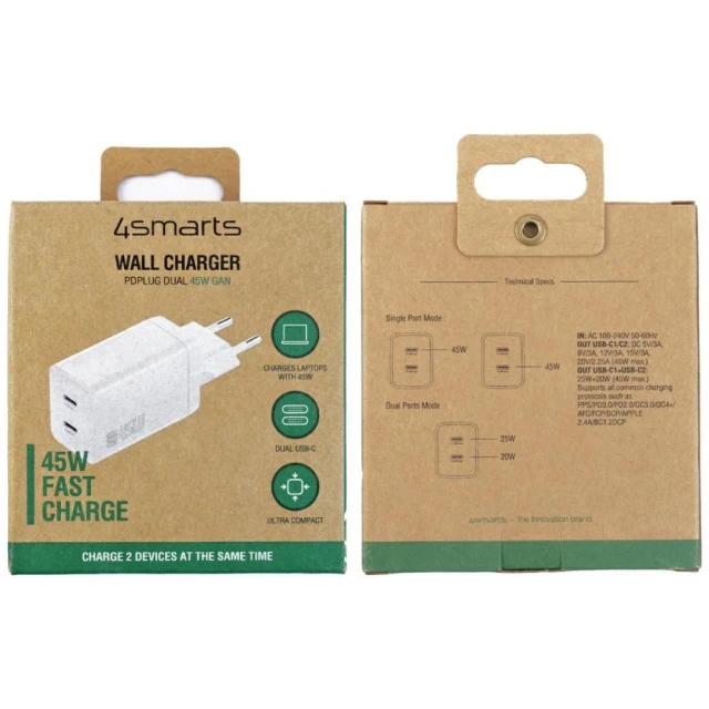 Мережевий зарядний пристрій 4smarts PDPlug Dual 45W GaN 2xUSB-C White (540400)