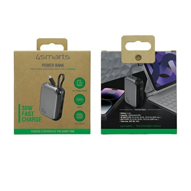 Павербанк 4smarts Pocket 10000mAh 30W з вбудованим кабелем USB-C 15cm Grey (540699)