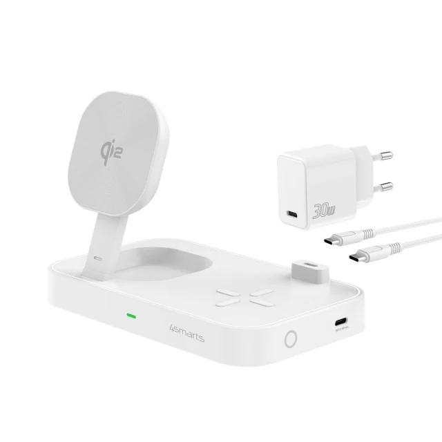 Бездротова зарядка 4smarts Trident 2в1 + USB-C + мережевий зарядний пристрій 30W White (540998)