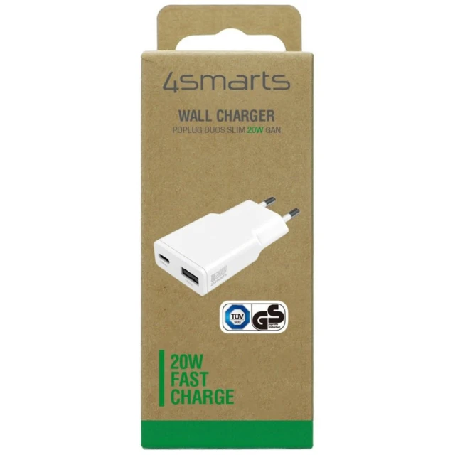 Зарядний пристрій 4smarts PDPlug Duos Slim 20W GaN USB-C/USB-A White (541122)