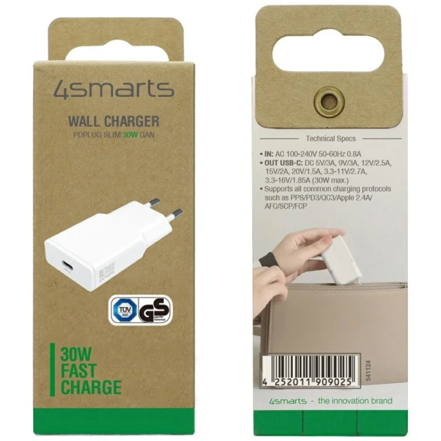 Зарядний пристрій 4smarts PDPlug Slim 30W GaN USB-C White (541124)