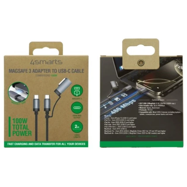 Кабель USB-C 4smarts Explorer ComboCord 100W 2m з адаптером MagSafe Black (541305)