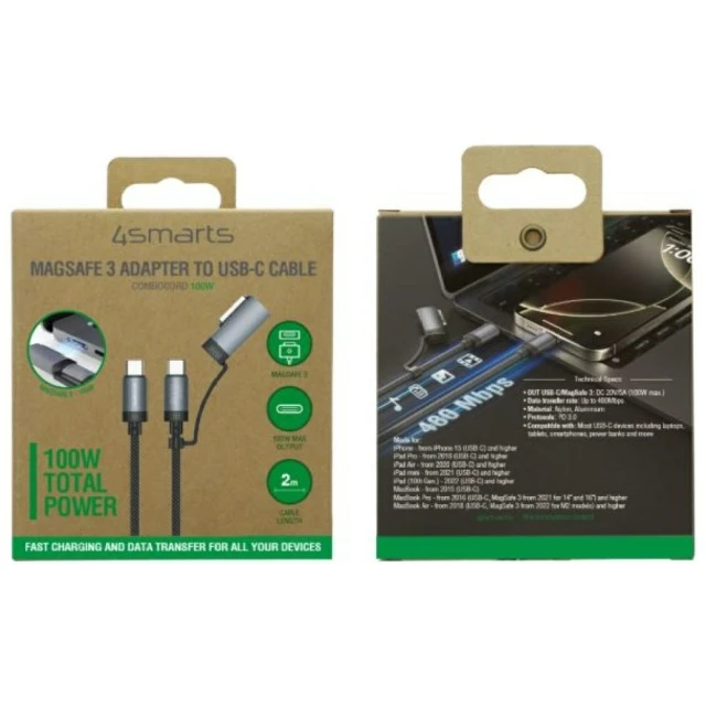 Кабель USB-C 4smarts Explorer ComboCord 100W 2m з адаптером MagSafe Black (541305)