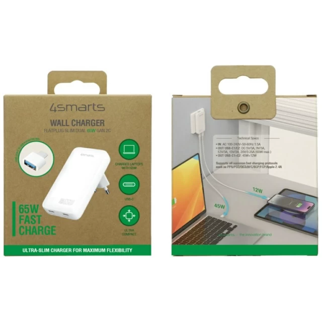 Зарядний пристрій 4smarts FlatPlug Slim Dual 65W GaN 2xUSB-C White (542065)