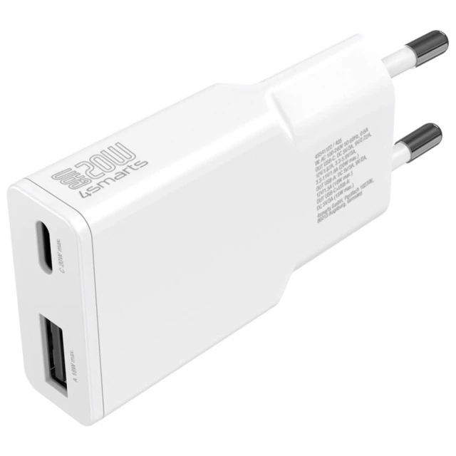 Зарядний пристрій 4smarts PDPlug Slim Duos 20W GaN USB-C+USB-A з кабелем USB-C 1.5m White (541509)