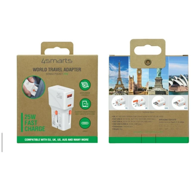 Подорожній адаптер 4smarts World Travel Adapter Nomad Pocket 25W USB-C/USB-A White (541646)