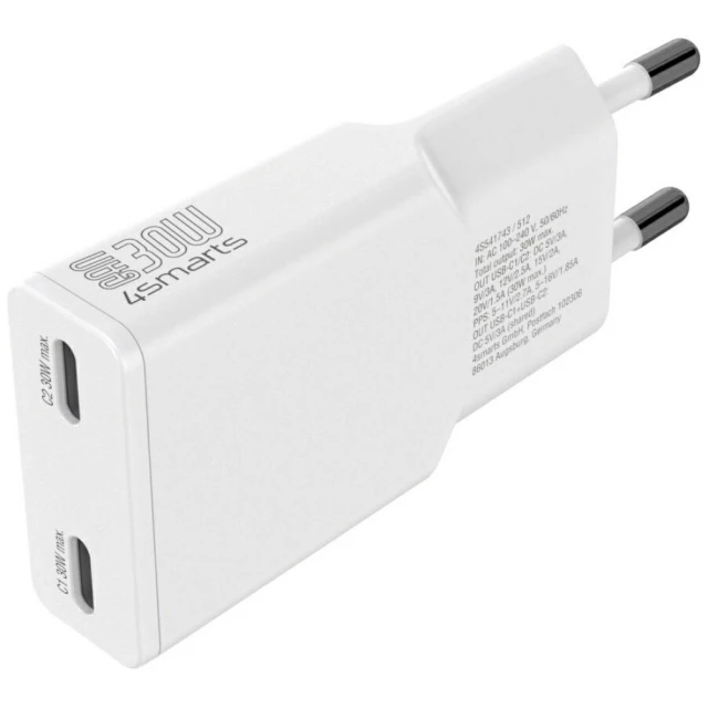 Зарядний пристрій 4smarts FlatPlug Slim Dual 30W GaN 2xUSB-C White (541743)