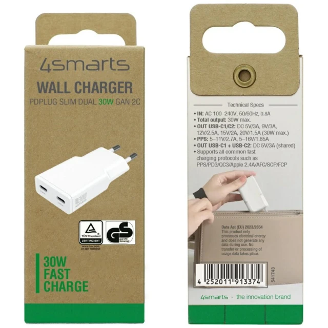 Зарядний пристрій 4smarts FlatPlug Slim Dual 30W GaN 2xUSB-C White (541743)