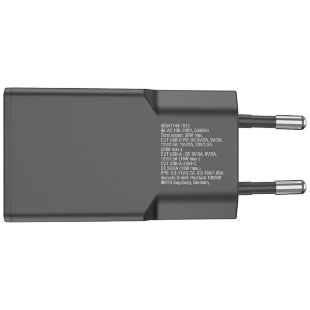 Зарядний пристрій 4smarts FlatPlug Duos 30W GaN USB-C/USB-A Black (541744)