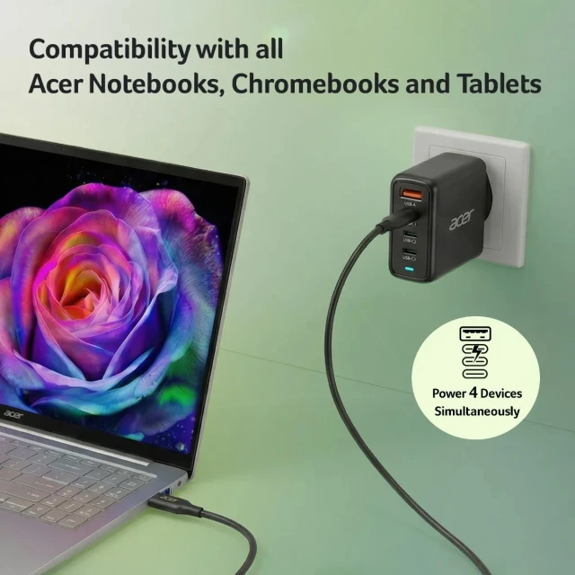 Мережевий зарядний пристрій Acer 100 Вт PD GaN 3x USB-C 1x USB-A Black (4711721041444)
