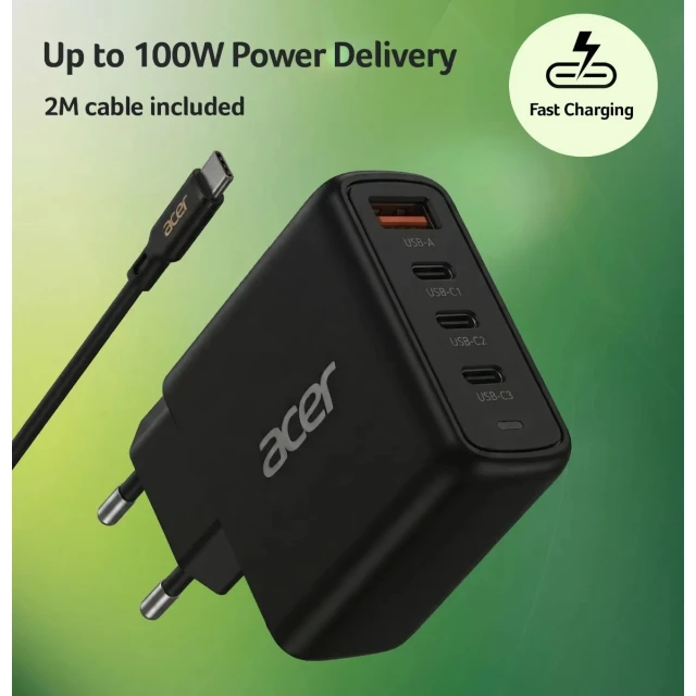 Мережевий зарядний пристрій Acer 100 Вт PD GaN 3x USB-C 1x USB-A Black (4711721041444)