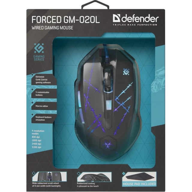 Миша Defender Forced GM-020L ігрова 3200 DPI з килимком (4714033520201)