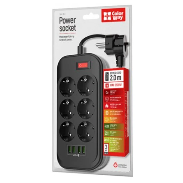 Зарядна станція ColorWay CW-CHE64B 6 розеток 4 USB 2 м Black (4823094917933)