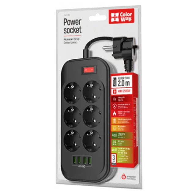 Зарядна станція ColorWay CW-CHE64B 6 розеток 4 USB 2 м Black (4823094917933)