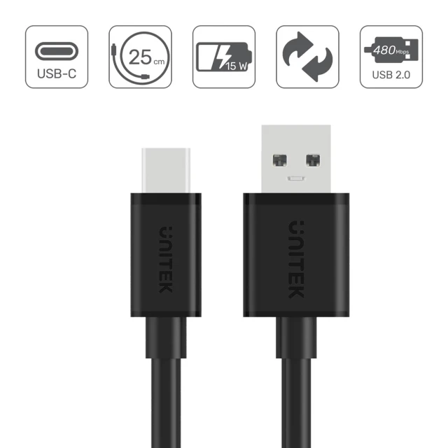 Кабель Unitek USB-A — USB-C 25 см Y-C480BK Black (4894160018397)