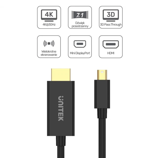 Кабель-адаптер Unitek Mini DisplayPort to HDMI 4K@30Hz 2 м (4894160046833)