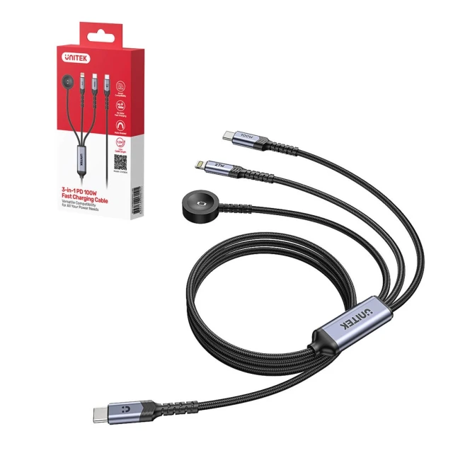 Кабель Unitek USB-C 3 в 1 USB-C + Lightning + Apple Watch PD 100 Вт 480 Мбит/с 1,2 м (4894160060105)