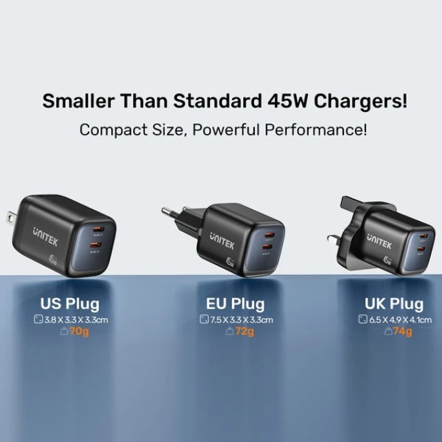 Мережевий зарядний пристрій Unitek GaN 45 Вт 2x USB-C PD 3.0 QC Black (4894160060280)