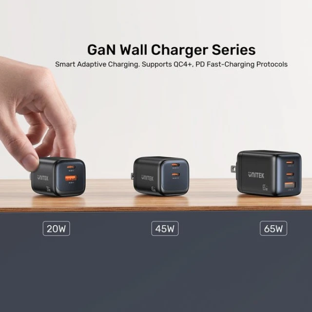 Мережевий зарядний пристрій Unitek GaN 45 Вт 2x USB-C PD 3.0 QC Black (4894160060280)