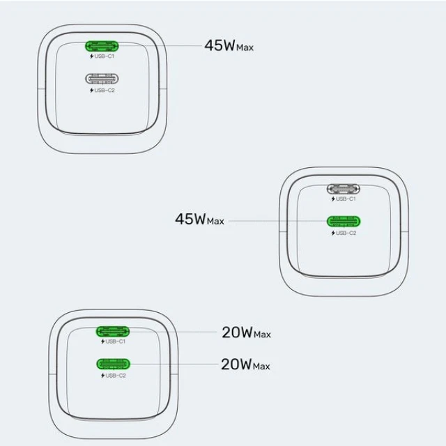 Мережевий зарядний пристрій Unitek GaN 45 Вт 2x USB-C PD 3.0 QC Black (4894160060280)