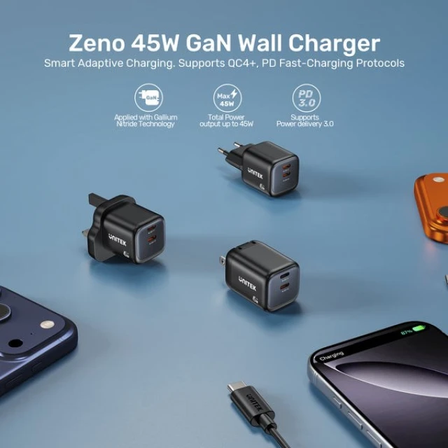 Мережевий зарядний пристрій Unitek GaN 45 Вт 2x USB-C PD 3.0 QC Black (4894160060280)