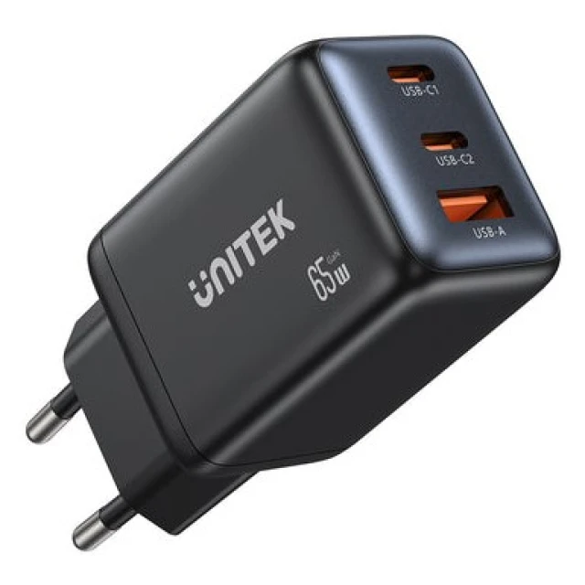 Мережевий зарядний пристрій Unitek GaN 65 Вт 2x USB-C USB-A PD Black (4894160060310)