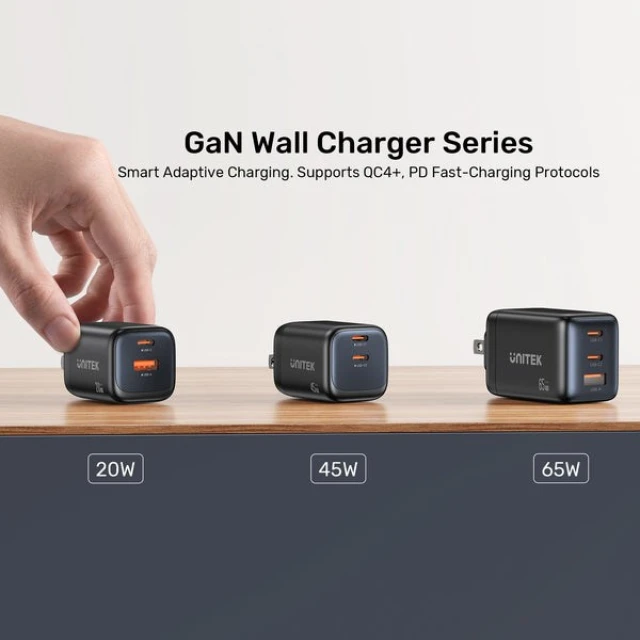 Мережевий зарядний пристрій Unitek GaN 65 Вт 2x USB-C USB-A PD Black (4894160060310)