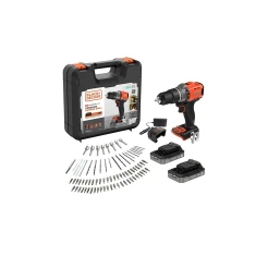 Дриль-шуруповерт ударний Black&Decker 18V з 2 акумуляторами 2.0Ah, зарядним пристроєм 1A і набором 80 аксесуарів (BCD383D2XKA-QW)