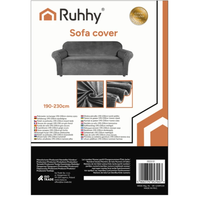 Чохол на диван еластичний оксамитовий Ruhhy 190-230 см Dark Grey (5900779957947)