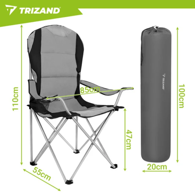 Крісло складне туристичне з підлокітниками Trizand Black/Grey (5900779963689)
